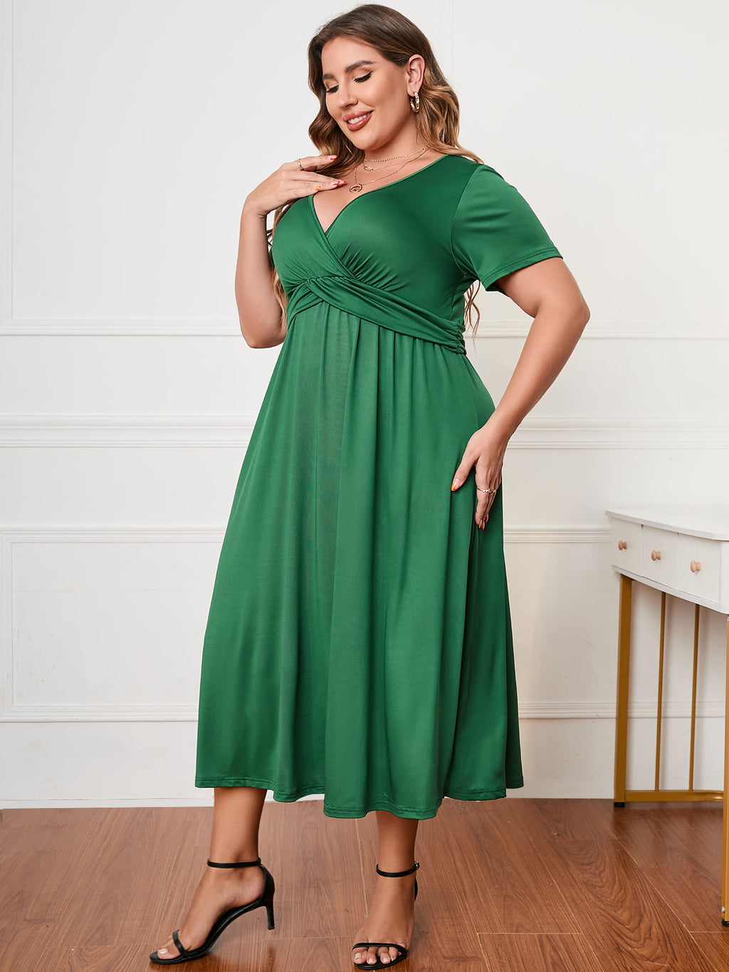 Honey Plus Size Short Sleeve Surplice Neck Midi Dress - LoveNest Treasures