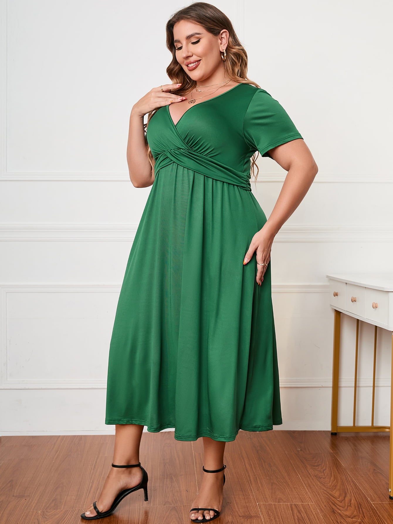 Honey Plus Size Short Sleeve Surplice Neck Midi Dress - LoveNest Treasures