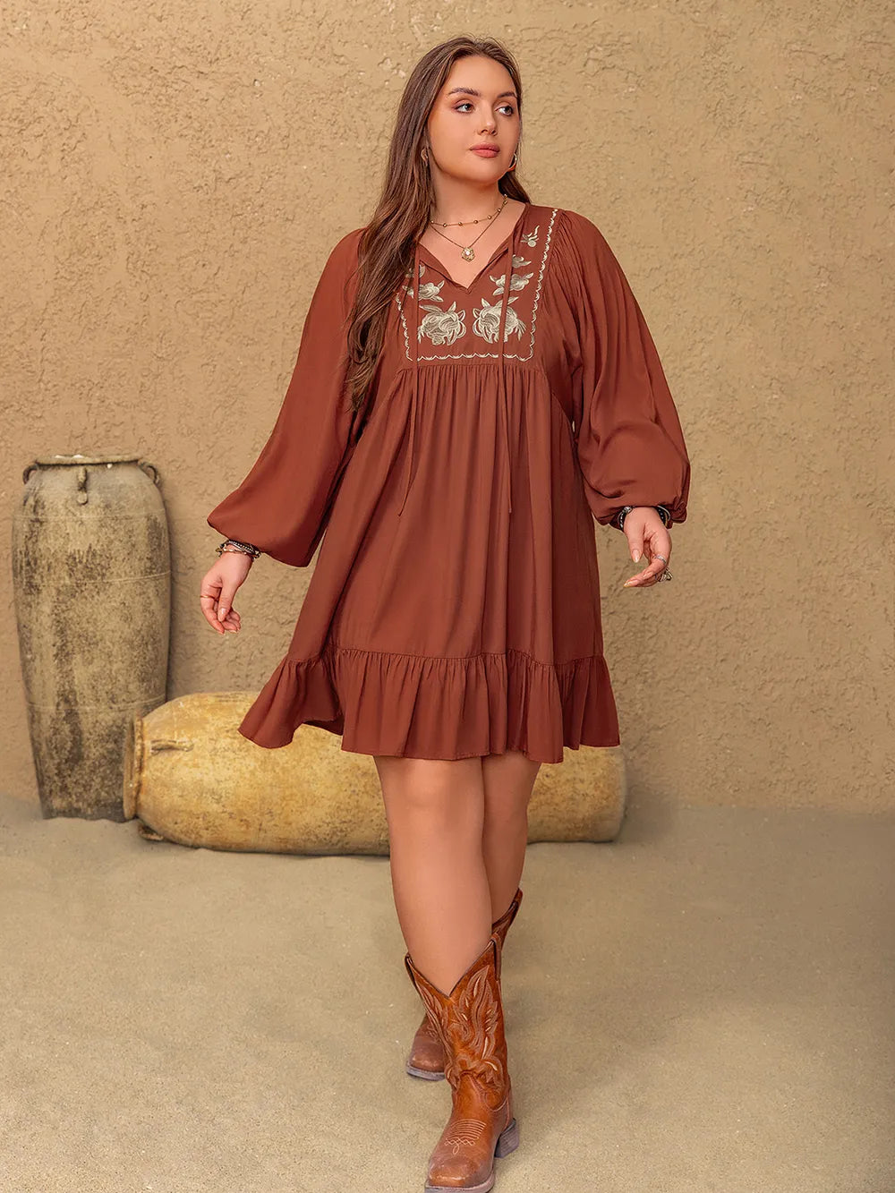 Plus Size Embroidered Tie Neck Balloon Sleeve Mini Dress - LoveNest Treasures
