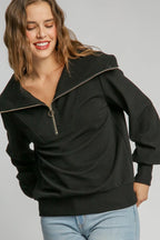 Umgee Full Size Ribbed Knit Half Zipper Sweatshirt Plus Size - LoveNest Treasures