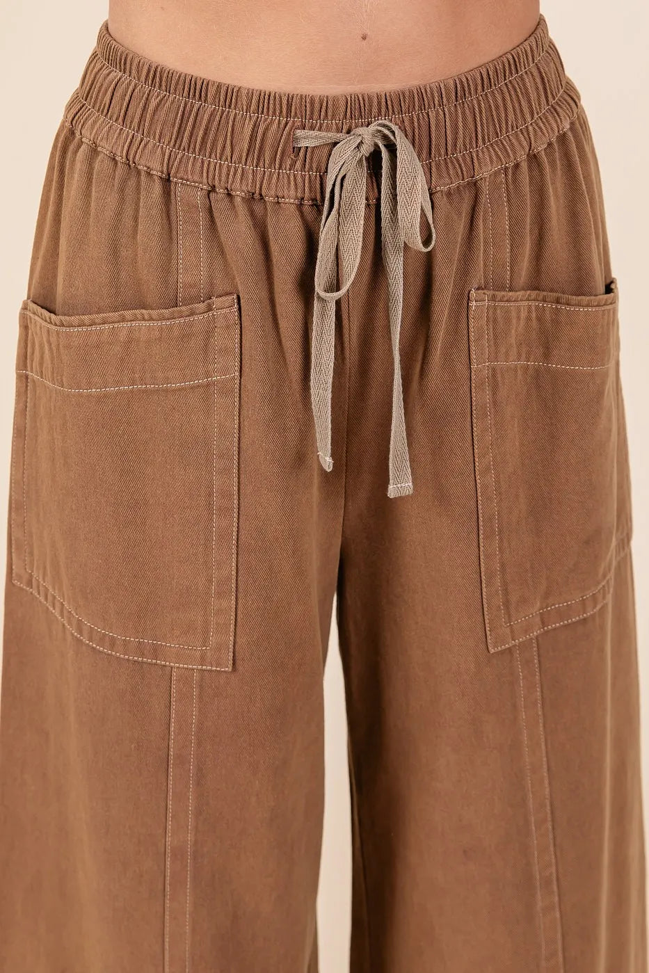 Mittoshop Mineral Wash Wide Leg Elastic Waist Twill Pants - LoveNest Treasures