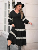 Plus Size Lace Detail V-Neck Long Sleeve Midi Dress - LoveNest Treasures