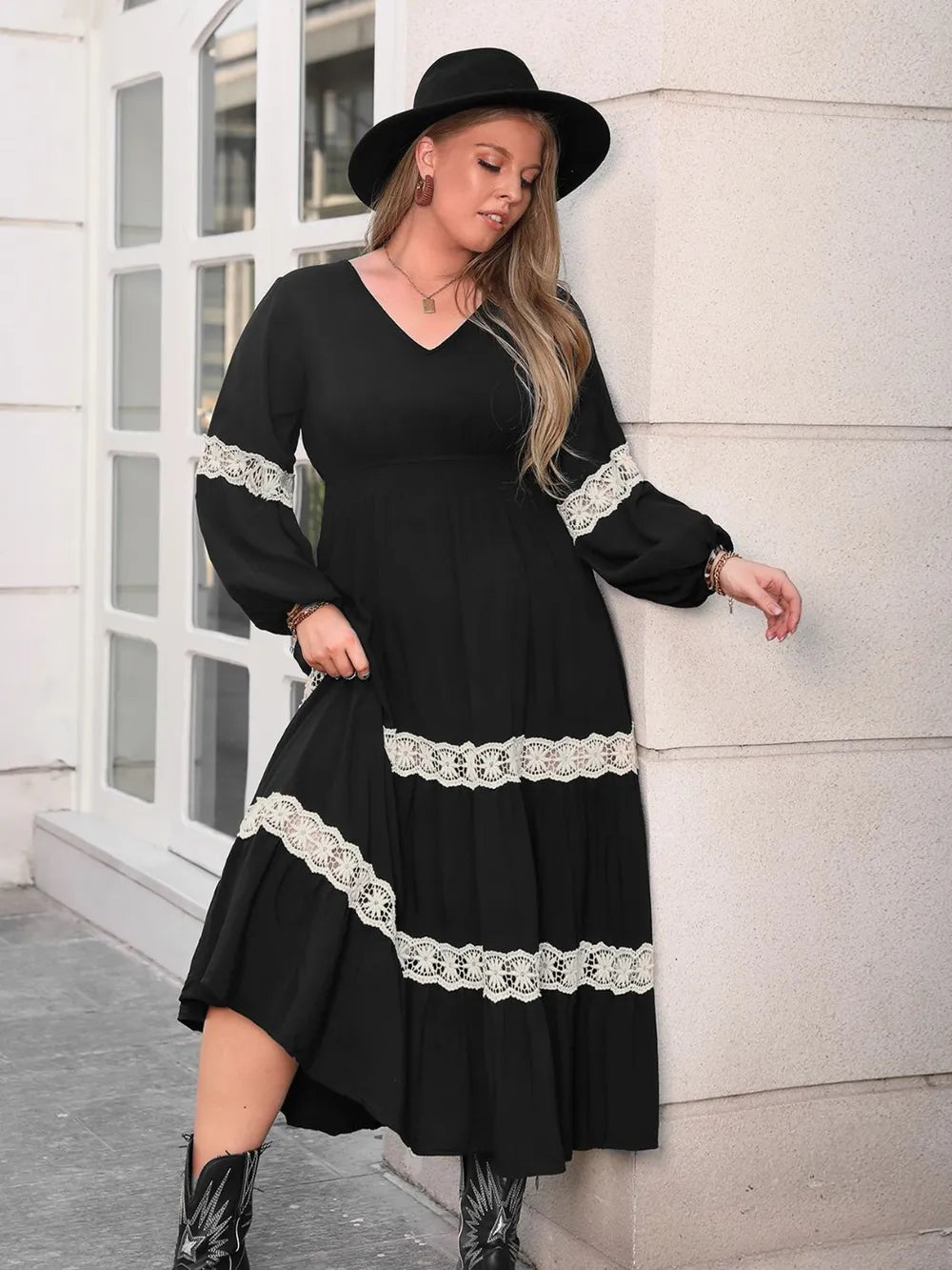 Plus Size Lace Detail V-Neck Long Sleeve Midi Dress - LoveNest Treasures