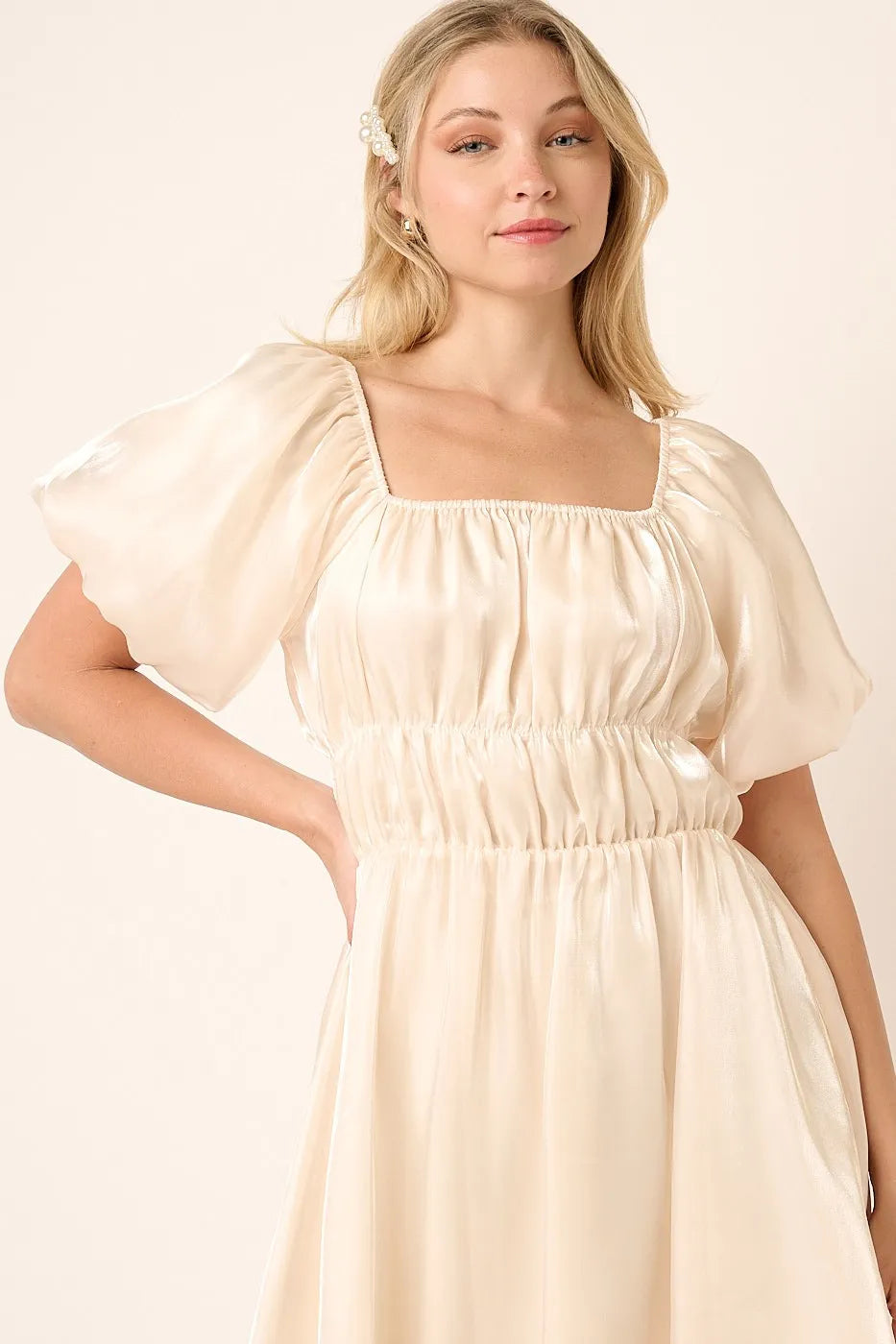 Mittoshop Metallic Organza Fabric Balloon Sleeve Mini Dress - LoveNest Treasures