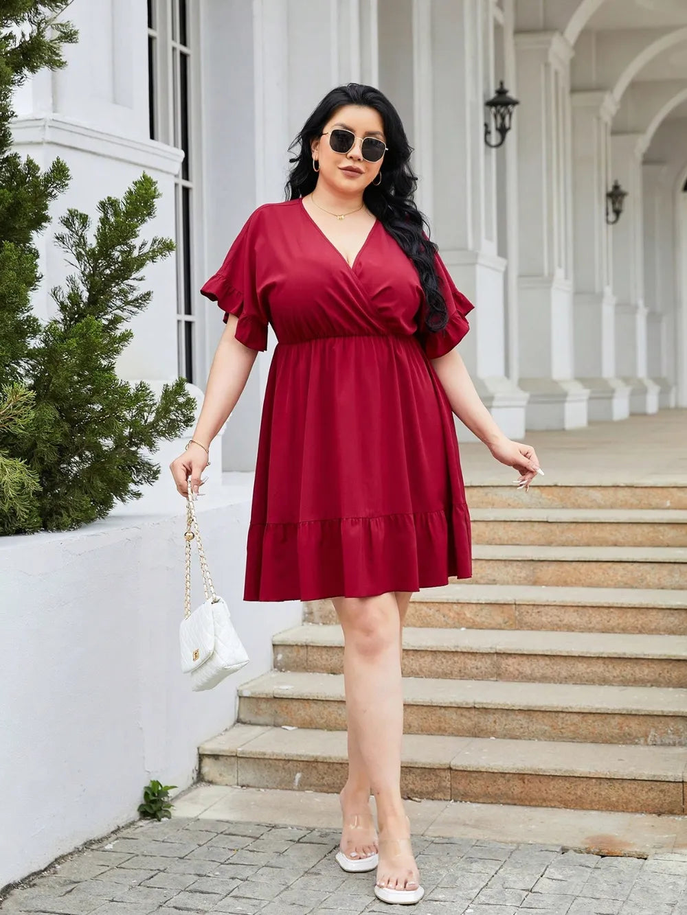 Plus Size Ruched Surplice Flounce Sleeve Mini Dress - LoveNest Treasures