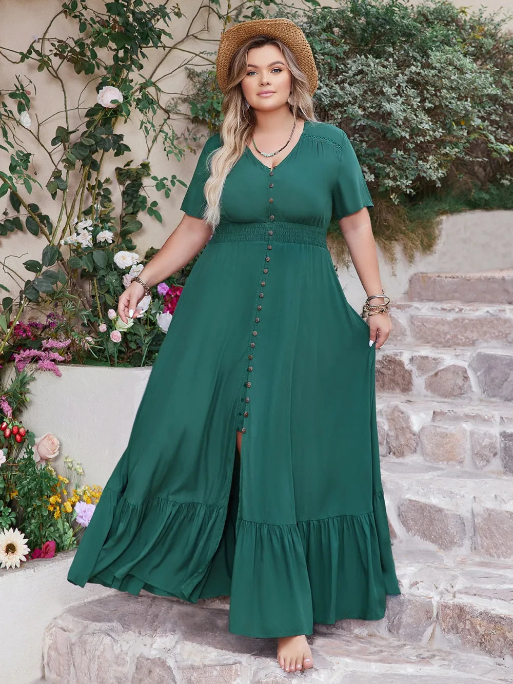 Plus Size Button Detail V-Neck Short Sleeve Maxi Dress - LoveNest Treasures