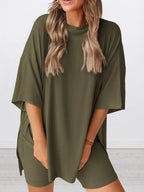 Full Size Oversized Slit Round Neck Top and Shorts Lounge Set Plus Size - LoveNest Treasures