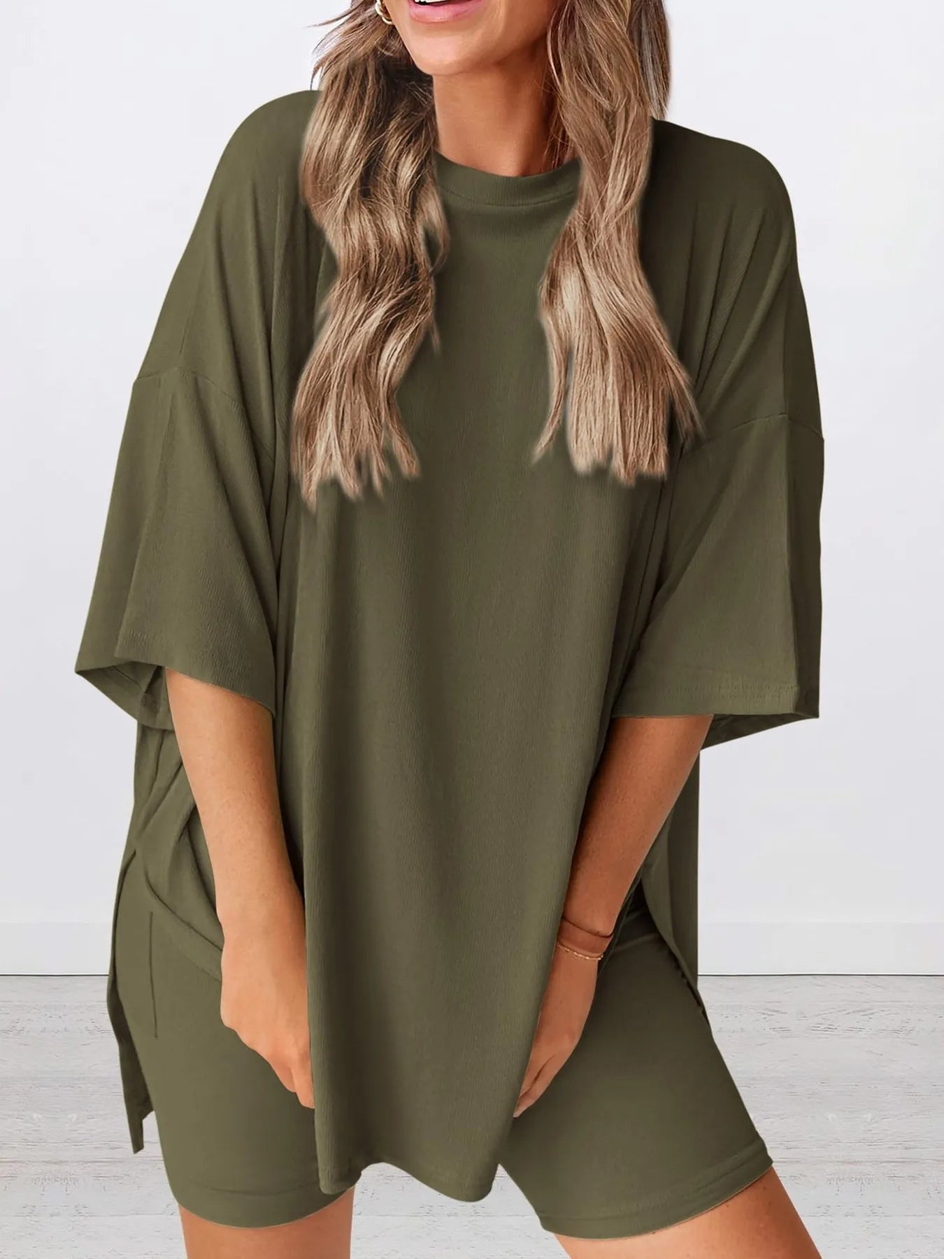 Full Size Oversized Slit Round Neck Top and Shorts Lounge Set Plus Size - LoveNest Treasures