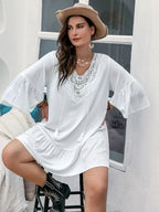 Plus Size Lace Detail Tie Neck Three-Quarter Sleeve Mini Dress - LoveNest Treasures