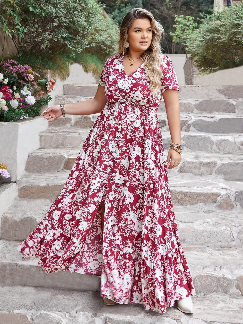 Plus Size Slit Printed V-Neck Maxi Dress - LoveNest Treasures