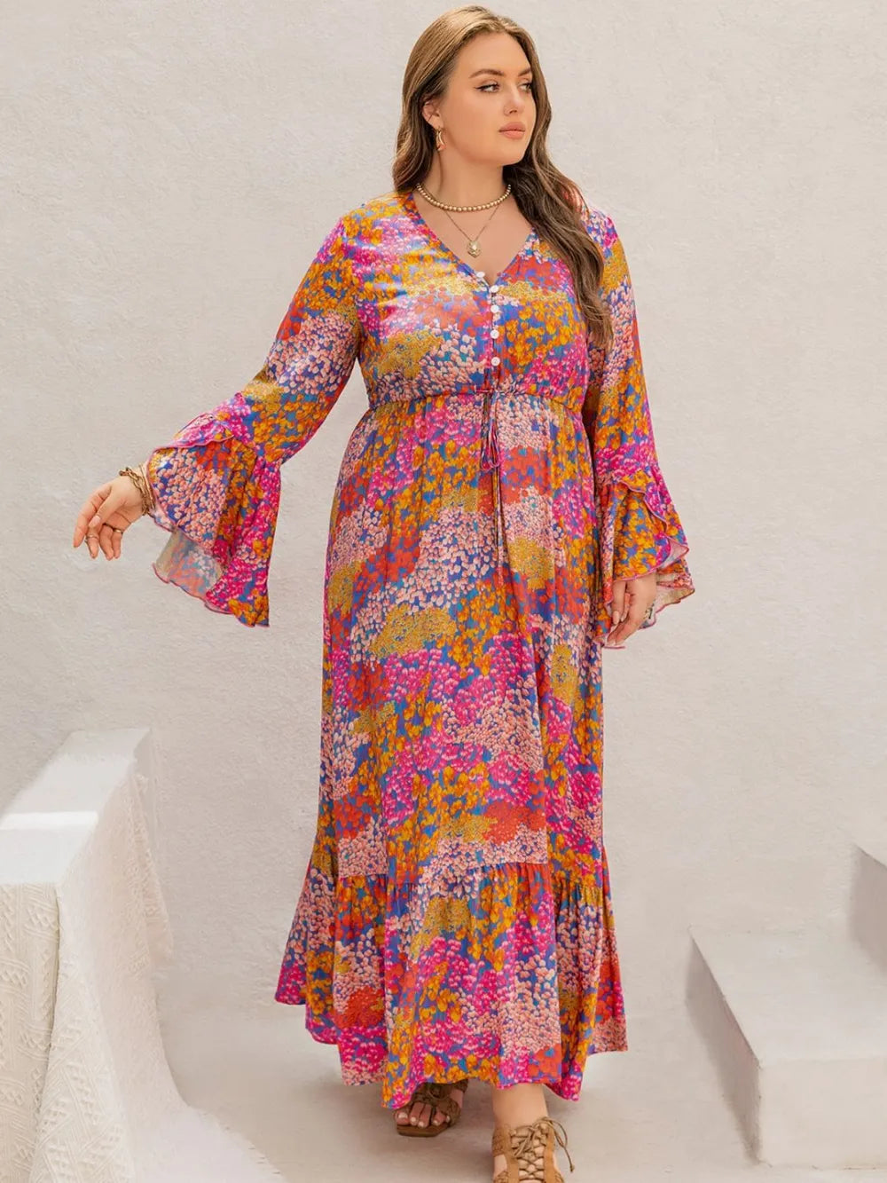 Plus Size Printed V-Neck Long Sleeve Maxi Dress - LoveNest Treasures