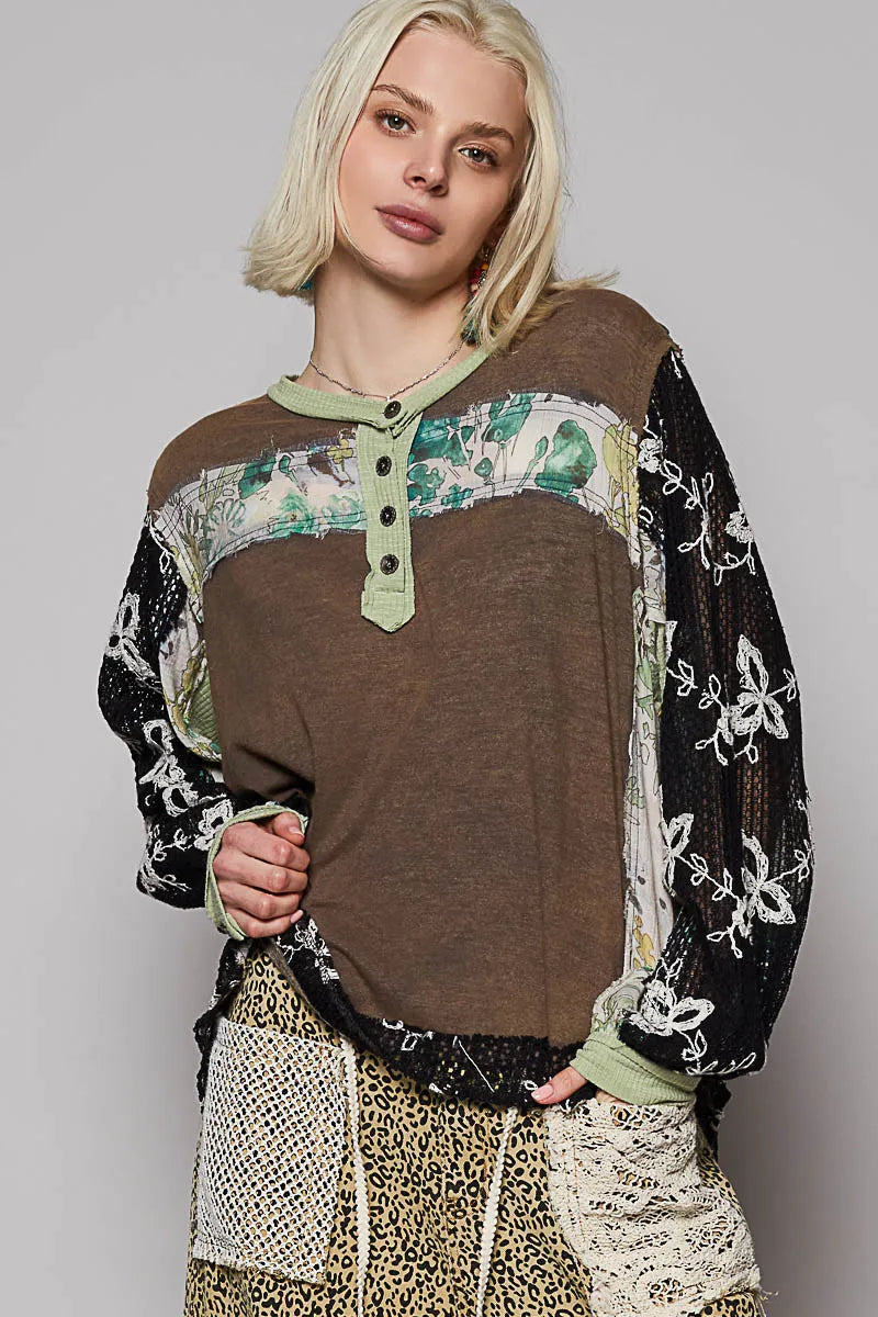 POL Button Detail Floral Patchwork Crochet Sleeve Blouse - LoveNest Treasures