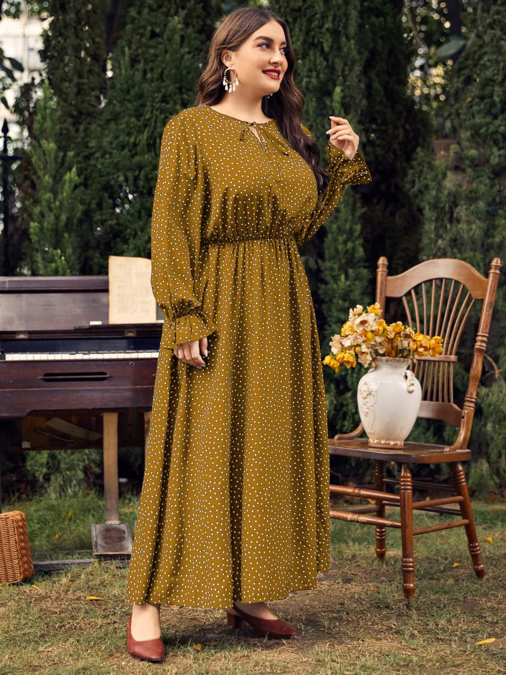 Honey Plus Size Ruffled Polka Dot Long Sleeve Midi Dress - LoveNest Treasures
