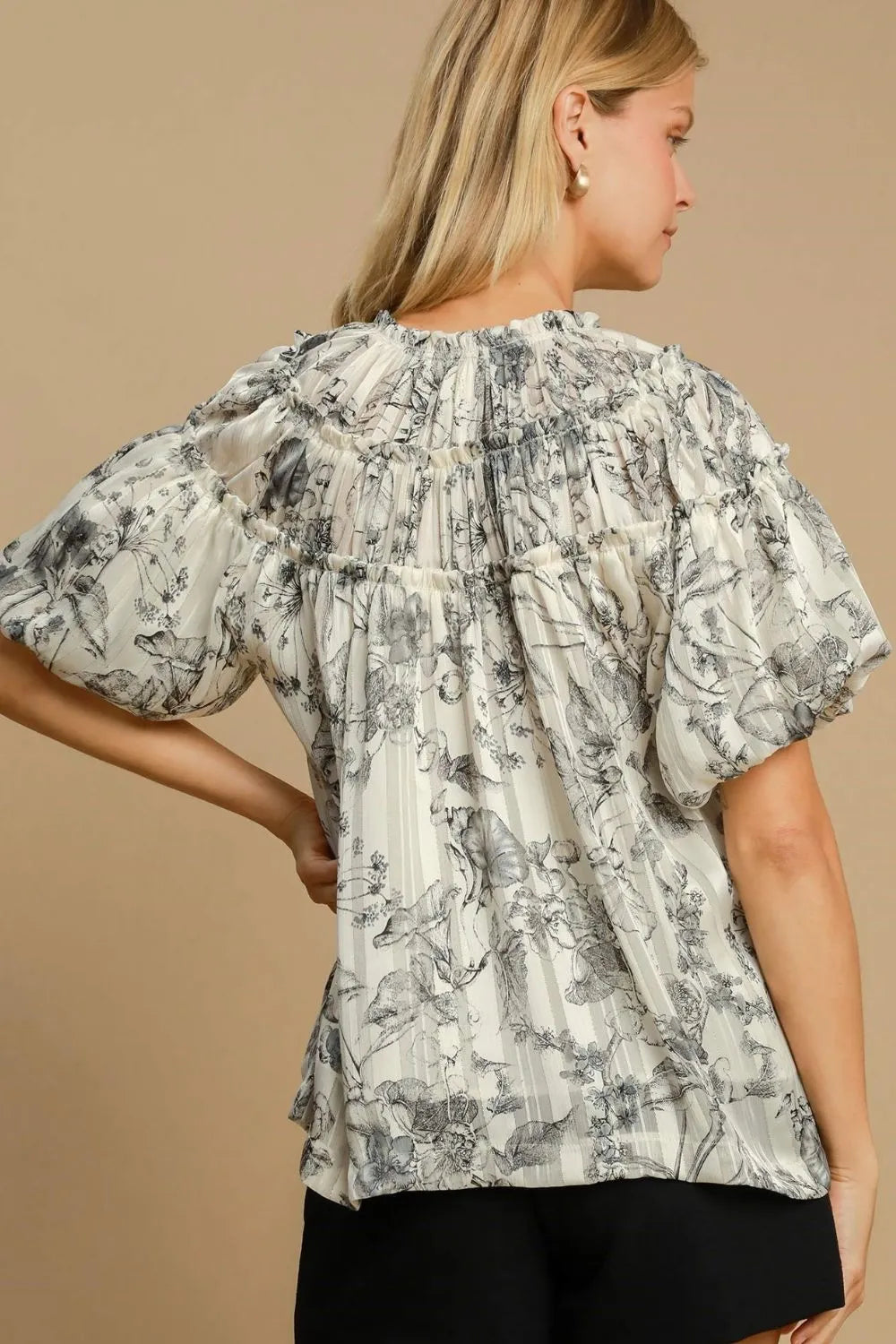 Umgee Full Size Floral Print Metallic Ruffle Blouse Plus Size - LoveNest Treasures