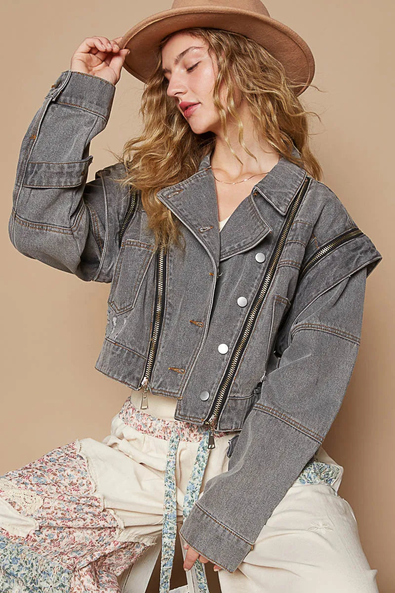POL Cropped Denim Jacket with Functional Zipper Detail - LoveNest Treasures