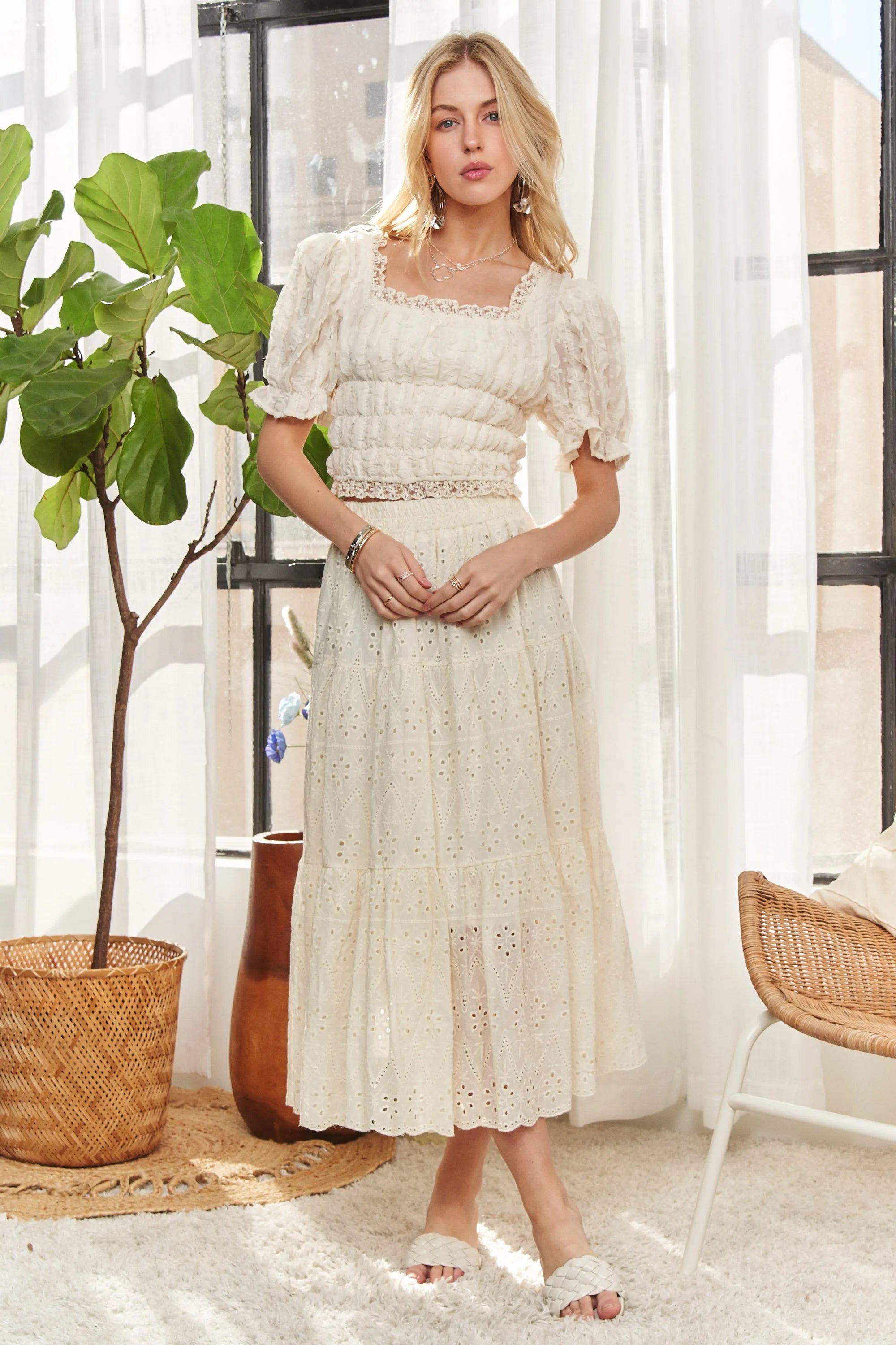 ADORA Lace Smocked Waist Peasant Top - LoveNest Treasures