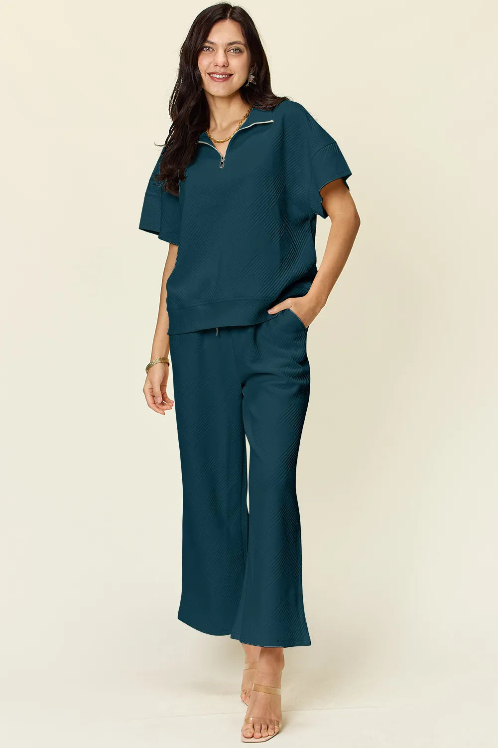 Double Take Full Size Texture Half Zip Short Sleeve Top and Pants Set - LoveNest Treasures