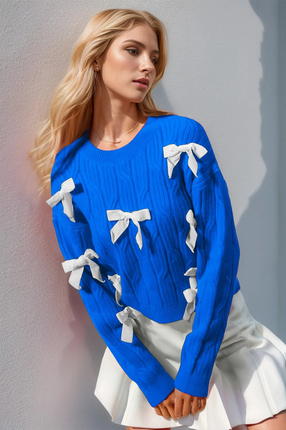 Double Take Full Size Bow Cable-Knit Round Neck Sweater - LoveNest Treasures