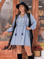 Plus Size Tie Neck Tassel Detail Long Sleeve Mini Dress - LoveNest Treasures