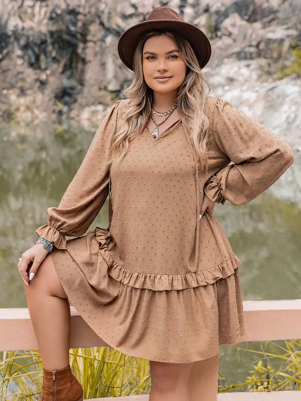 Plus Size Dot Flounce Sleeve Mini Dress - LoveNest Treasures