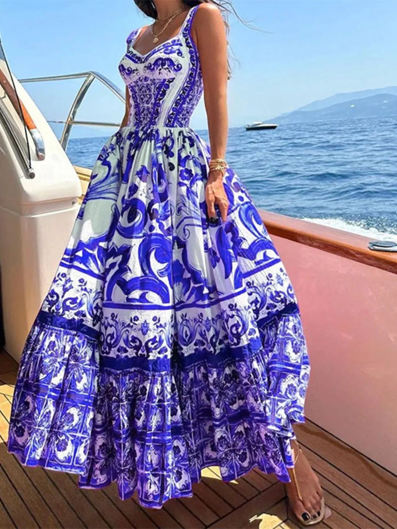 Full Size Printed Sweetheart Neck Maxi Cami Dress Plus Size - LoveNest Treasures