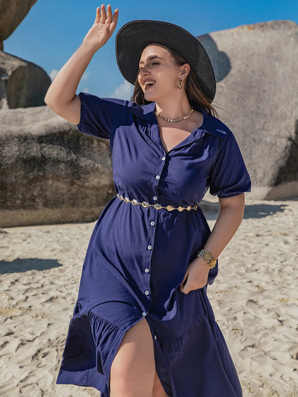 Plus Size Collared Neck Short Sleeve Midi Dress - LoveNest Treasures