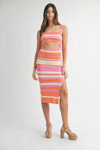 MABLE Multi Color Striped Front Cutout Knit Midi Dress - LoveNest Treasures