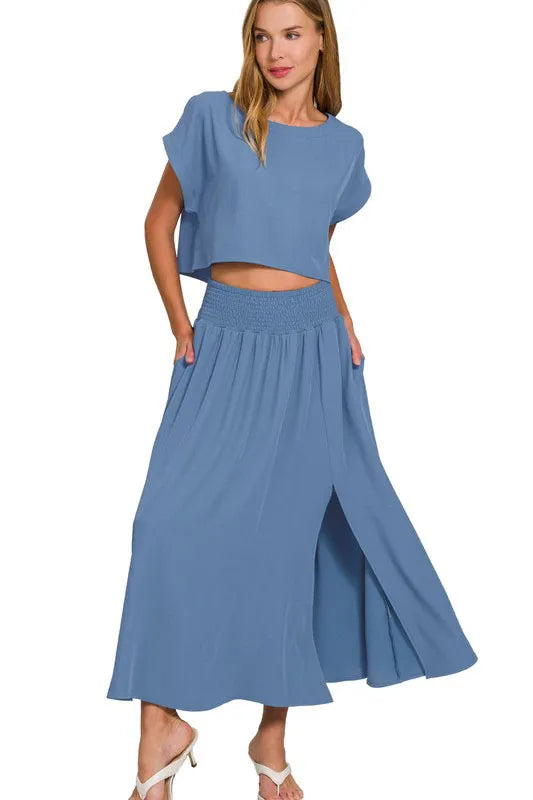 Zenana Heavy Woven Span Crop Tee & Skirt Set - LoveNest Treasures