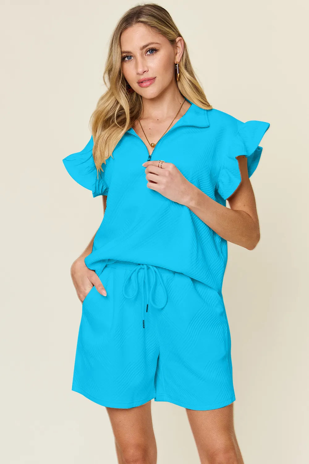 Double Take Full Size Texture Flounce Sleeve Top and Drawstring Shorts Set - LoveNest Treasures