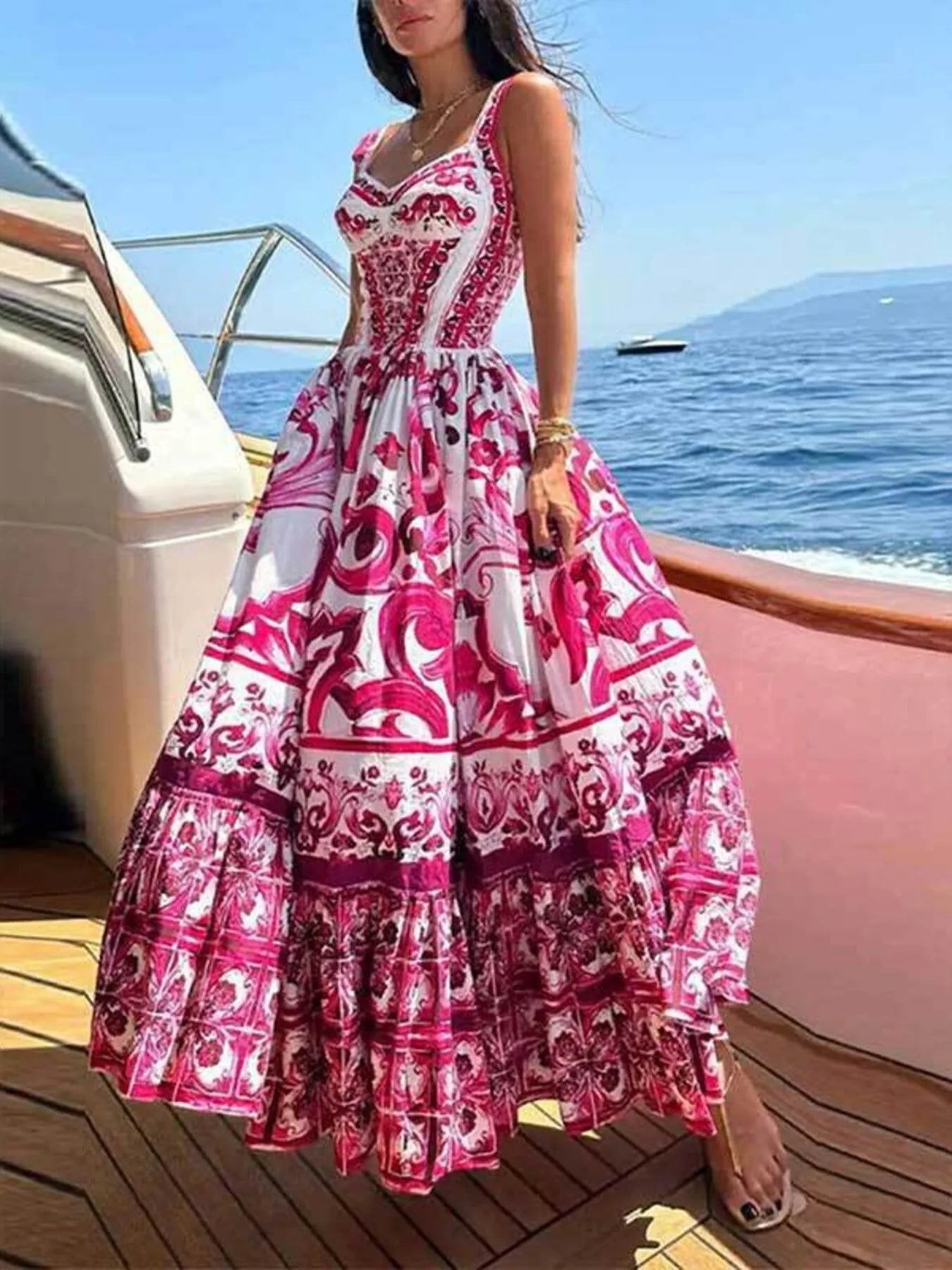 Full Size Printed Sweetheart Neck Maxi Cami Dress Plus Size - LoveNest Treasures