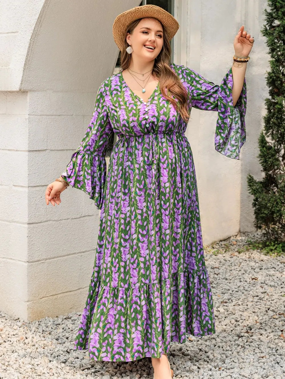 Plus Size Printed V-Neck Long Sleeve Maxi Dress - LoveNest Treasures