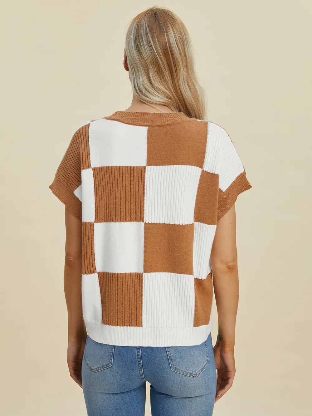 Double Take Full Size Checkered Round Neck Short Sleeve Sweater - LoveNest Treasures