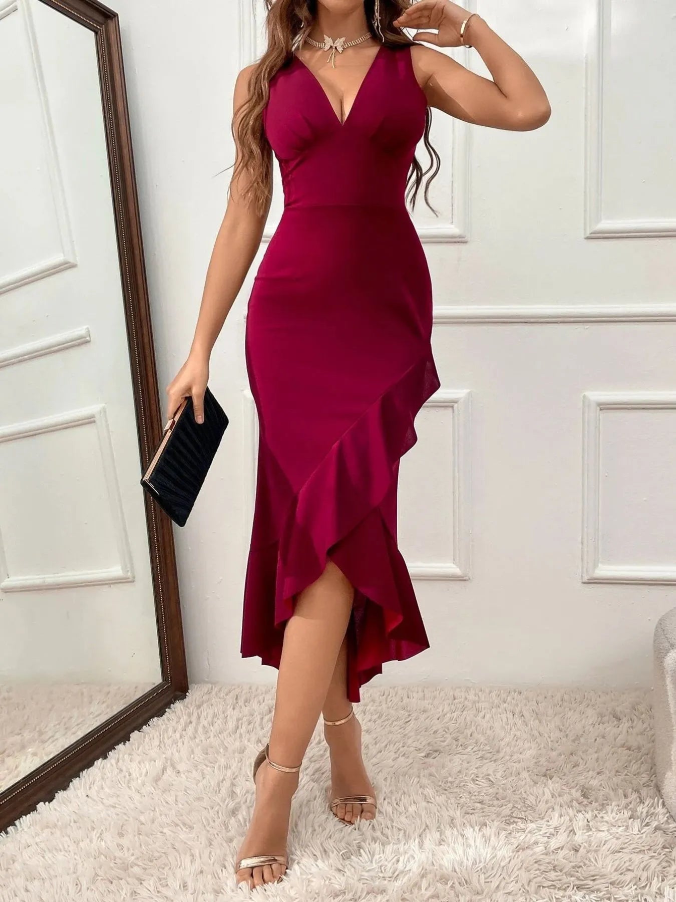 Ruffle Hem V-Neck Bodycon Dress - LoveNest Treasures