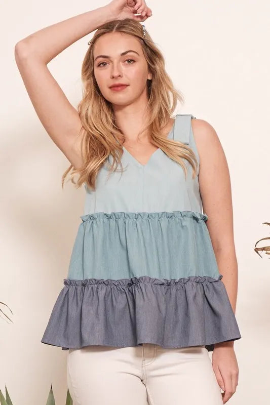 Lime 'N' Chili Full Size Color Block V-Neck Baby Doll Sleeveless Top Plus Size - LoveNest Treasures