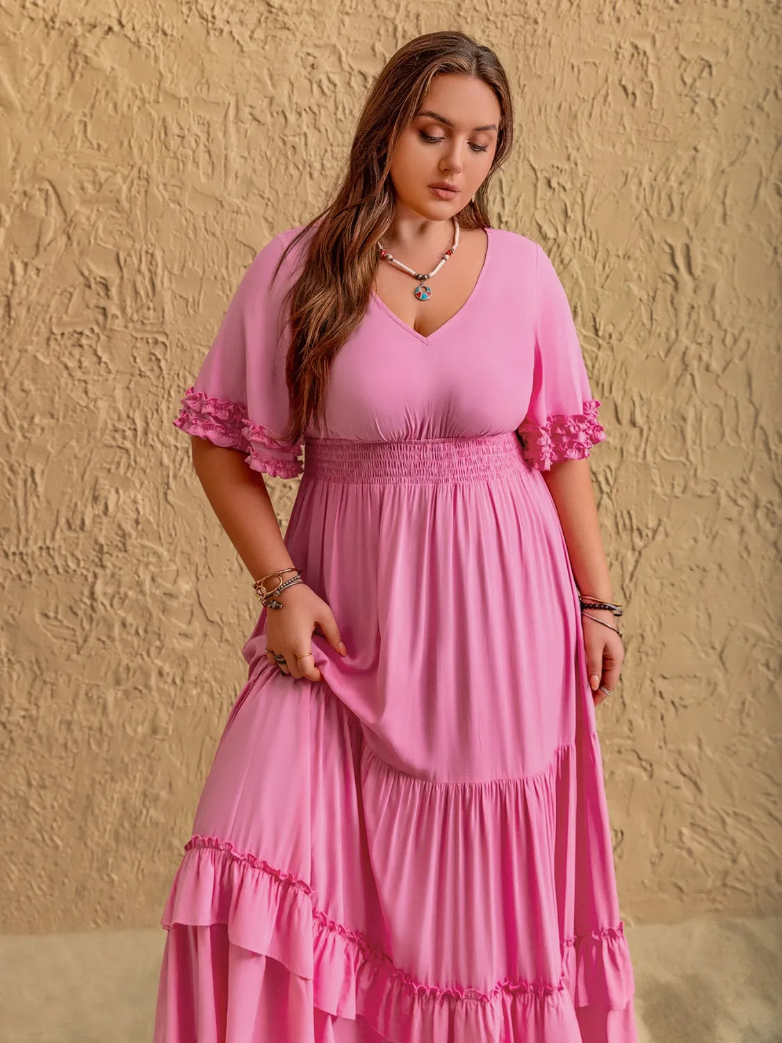 Plus Size V-Neck Half Sleeve Maxi Dress - LoveNest Treasures