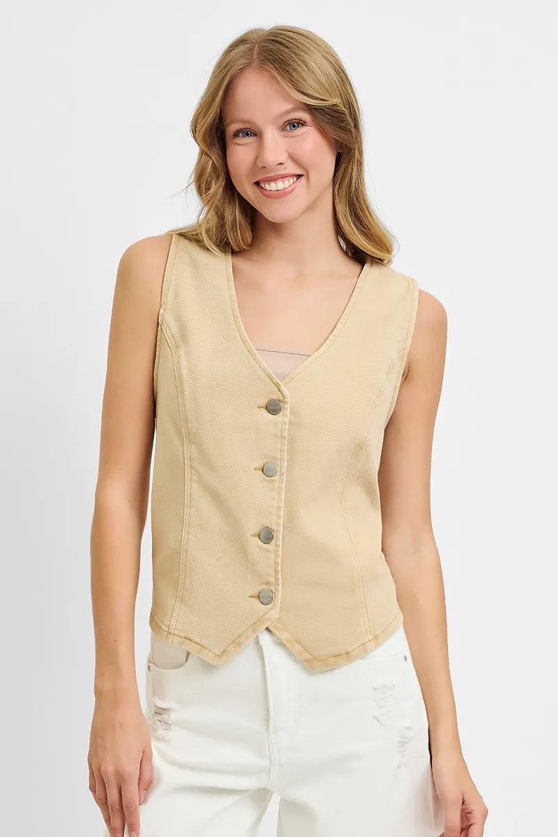 RISEN Full Size V Neck Button Down Vest Plus Size - LoveNest Treasures