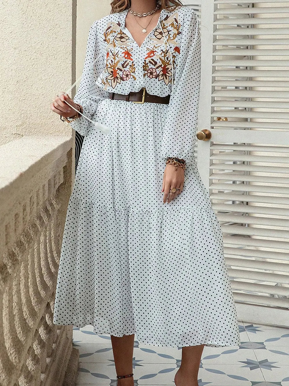 Plus Size Printed Tie Neck Long Sleeve Midi Dress - LoveNest Treasures