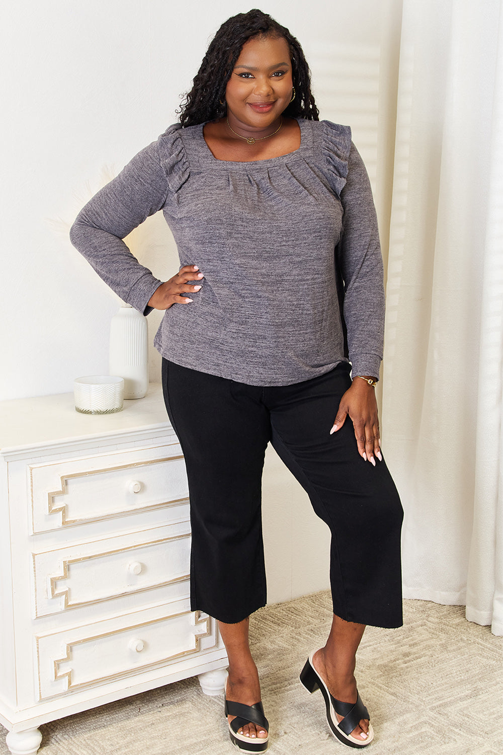 Double Take Square Neck Ruffle Shoulder Long Sleeve T-Shirt - LoveNest Treasures