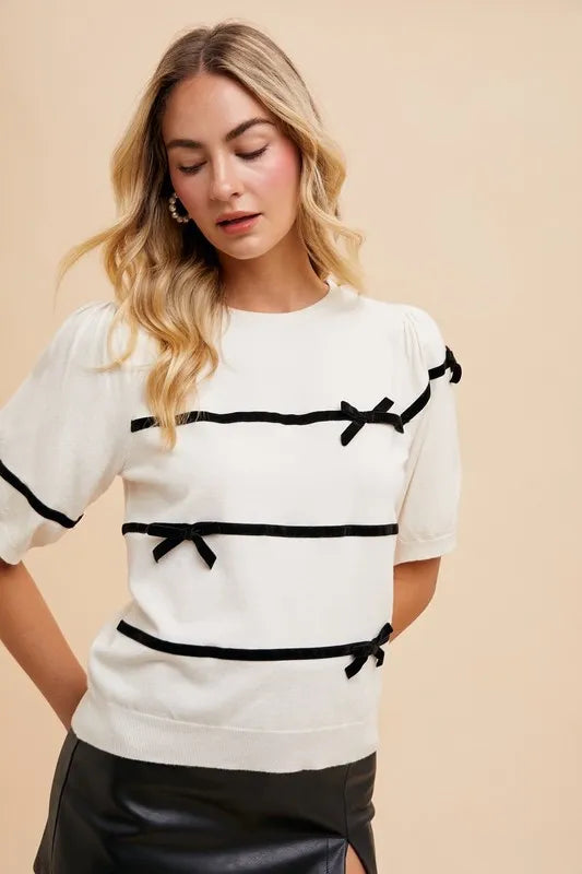 Annie Wear Striped Bow Round Neck Knit Top - LoveNest Treasures