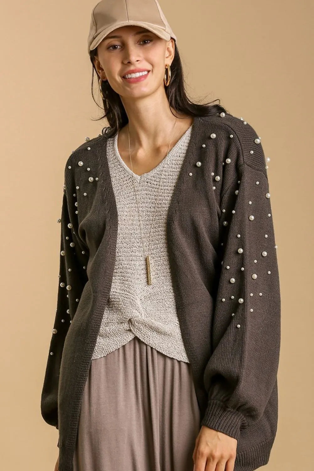 Umgee Full Size Open Front Cardigan with Long Sleeve Pearl Details Plus Size - LoveNest Treasures