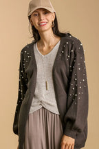 Umgee Full Size Open Front Cardigan with Long Sleeve Pearl Details Plus Size - LoveNest Treasures