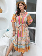 Plus Size Floral Tied Short Sleeve Midi Dress - LoveNest Treasures