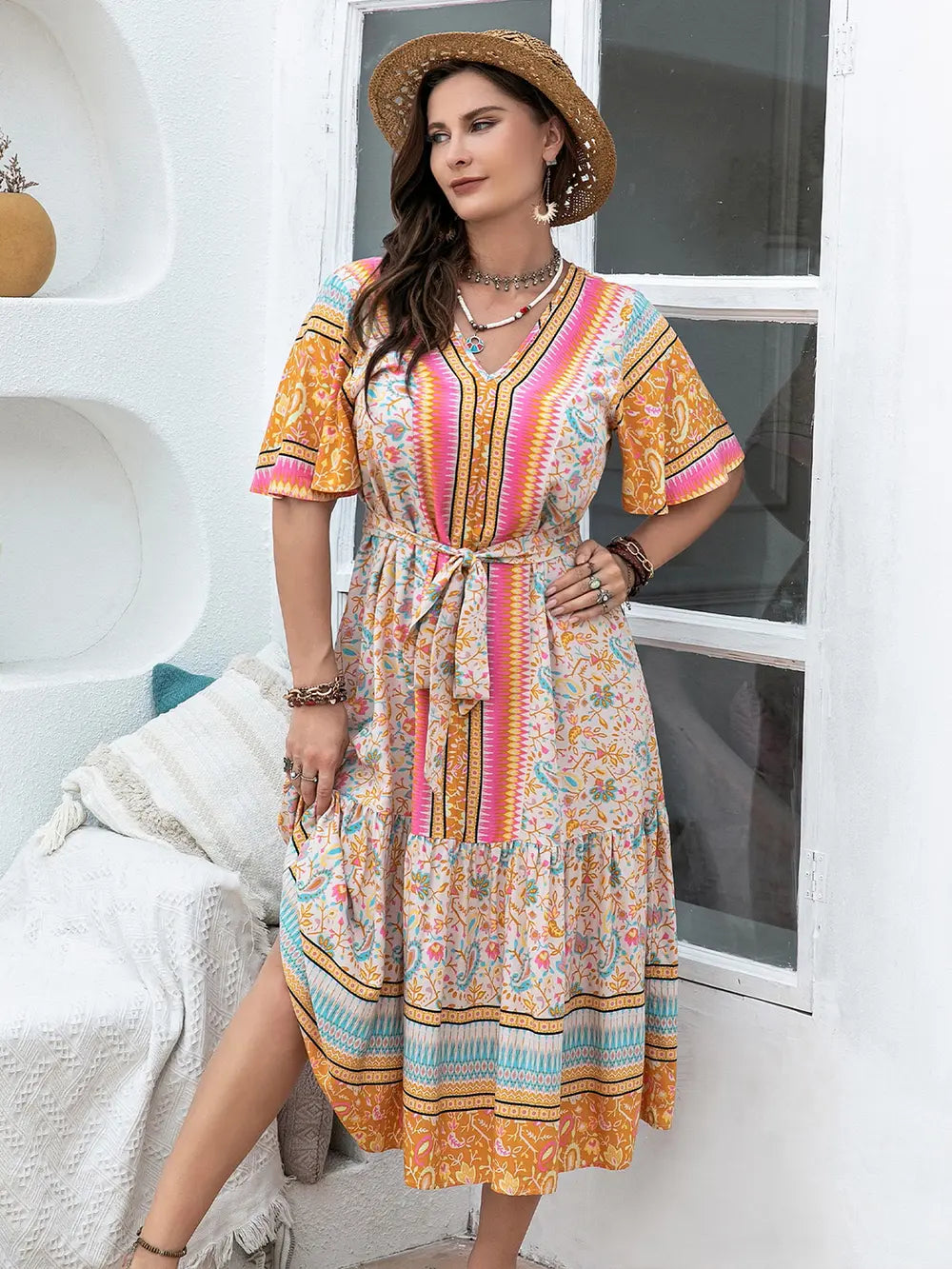 Plus Size Floral Tied Short Sleeve Midi Dress - LoveNest Treasures