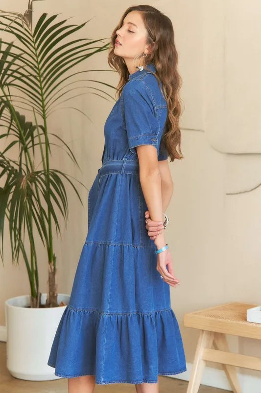 ADORA Tiered Button Down Tie Waist Short Sleeve Denim Dress - LoveNest Treasures