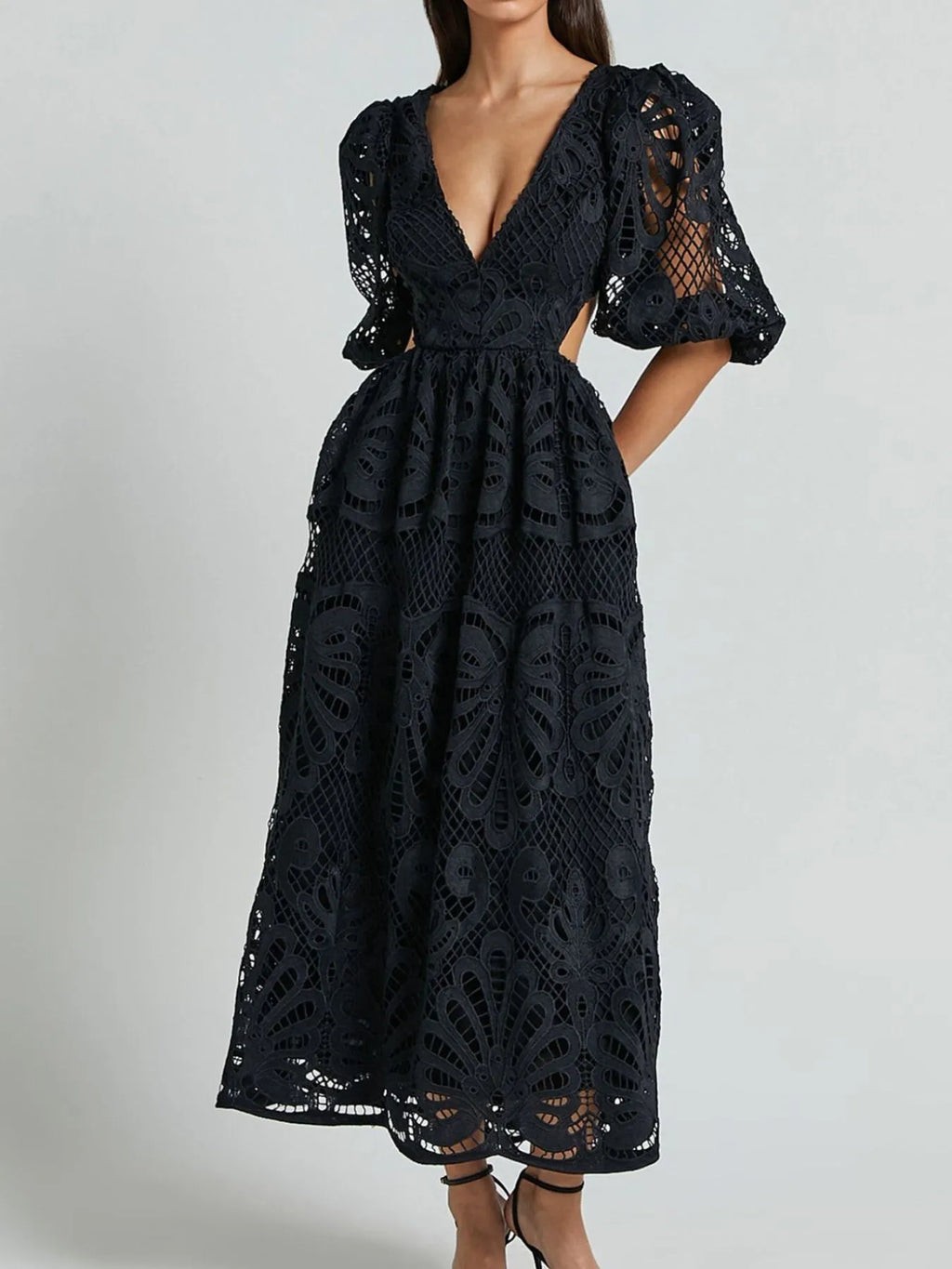 Cutout Back Lace Crochet V-Neck Dress - LoveNest Treasures