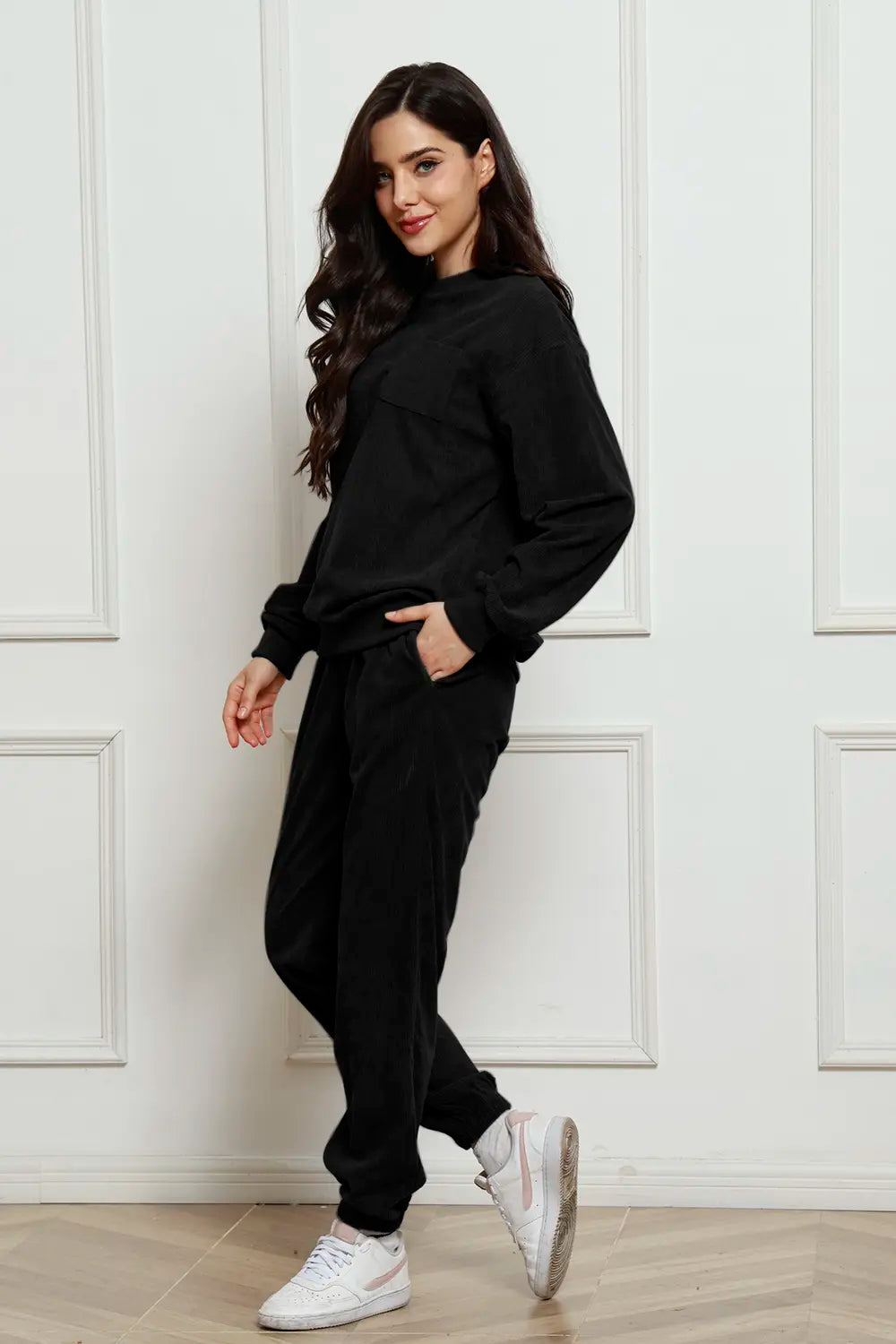 Corduroy Round Neck Sweatshirt and Sweatpants Set - LoveNest Treasures