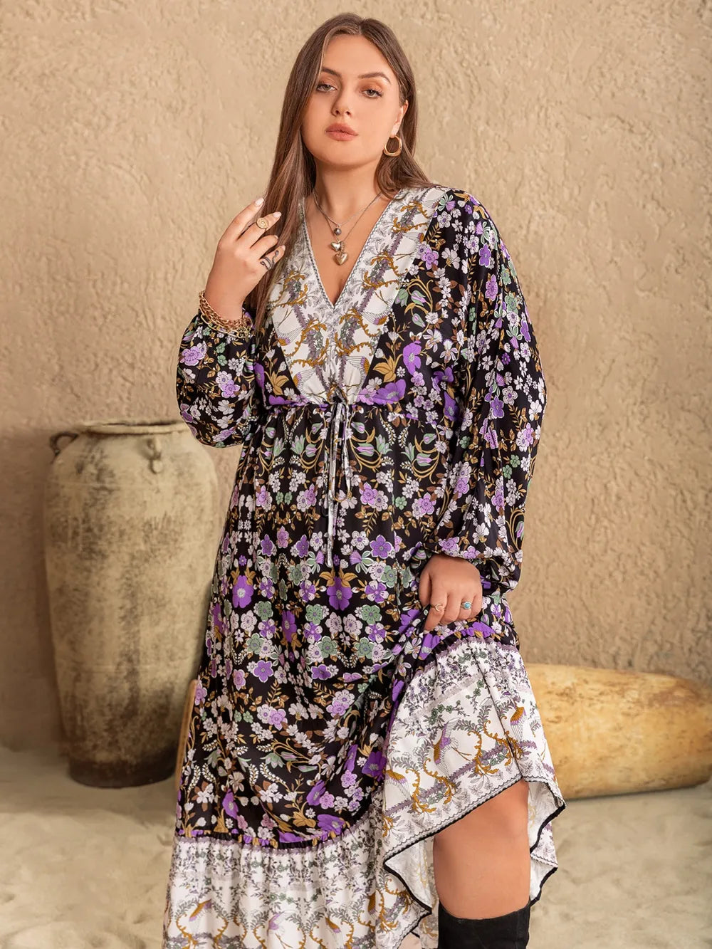Plus Size V-Neck Balloon Sleeve Printed Midi Dress - LoveNest Treasures