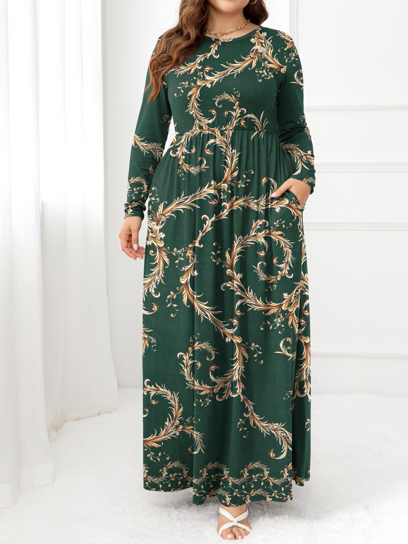 Plus Size Round Neck Maxi Dress with Pockets - LoveNest Treasures