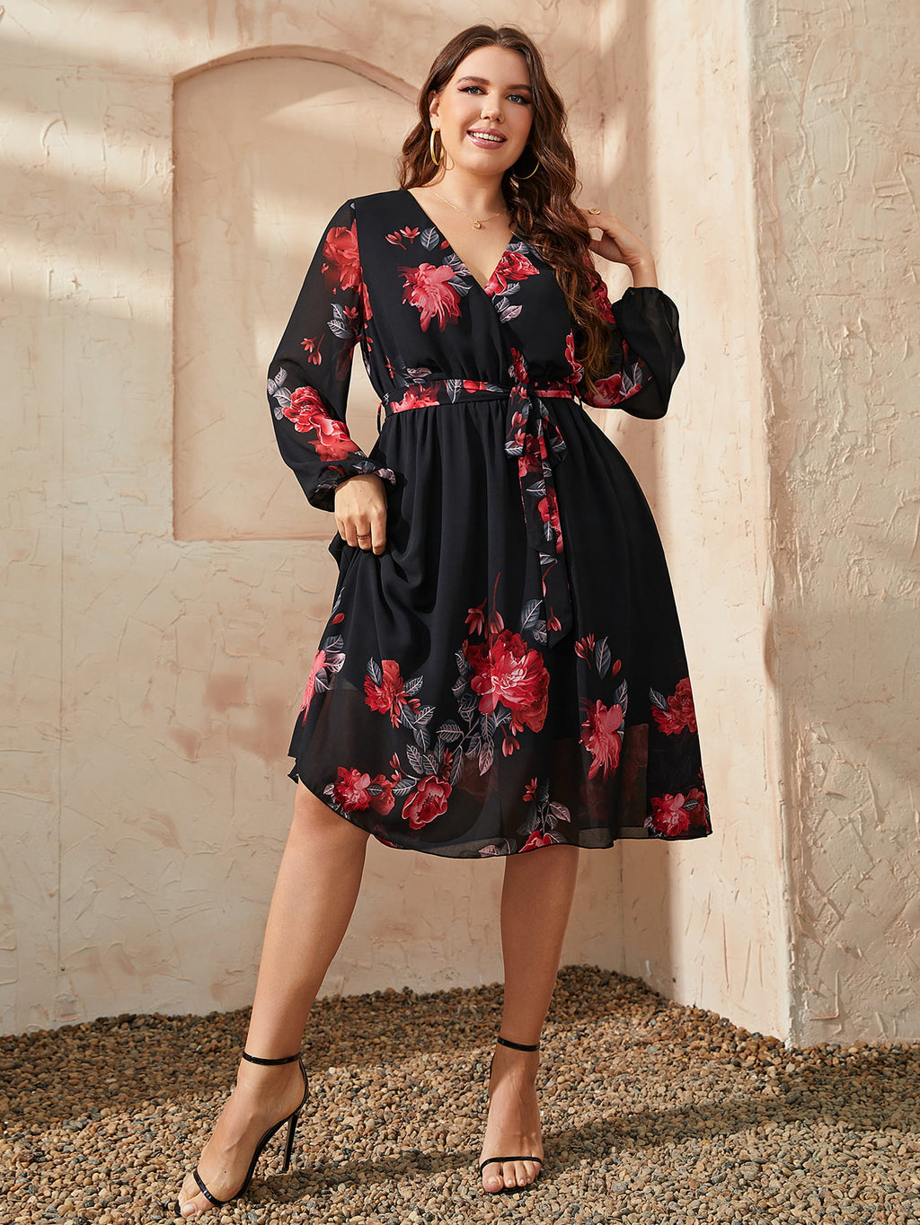 Honey Plus Size Floral Surplice Neck Tie Waist Dress - LoveNest Treasures