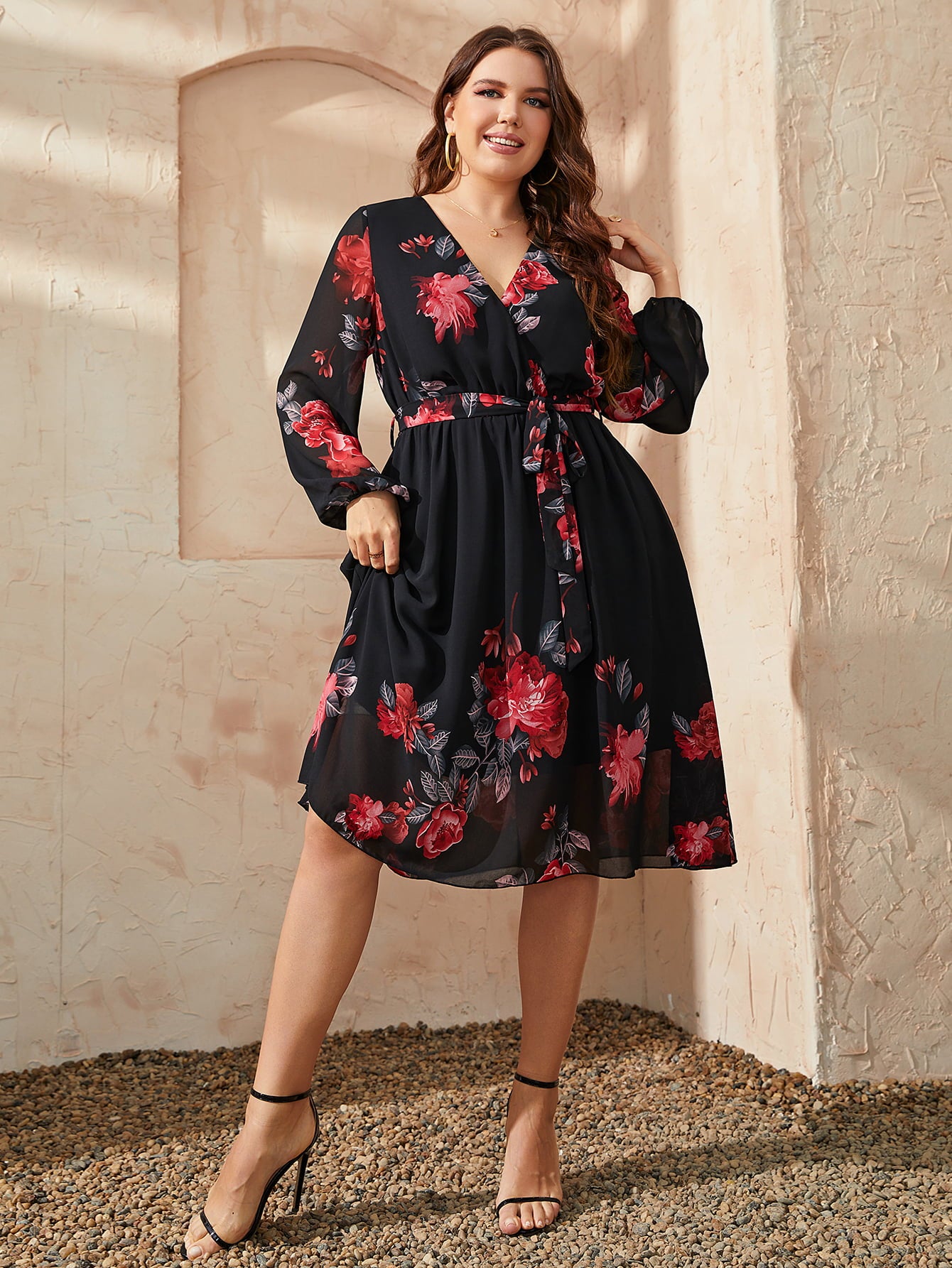 Honey Plus Size Floral Surplice Neck Tie Waist Dress - LoveNest Treasures